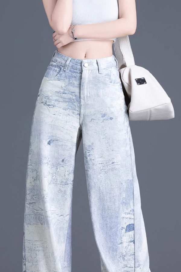 Casual Blue Pockets Tie Dye High Waist Denim Pants Spring
