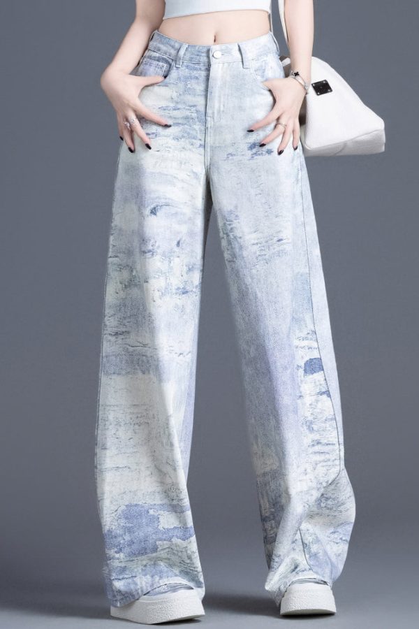 Casual Blue Pockets Tie Dye High Waist Denim Pants Spring