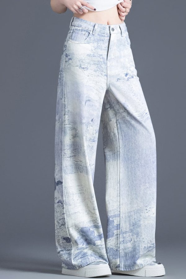 Casual Blue Pockets Tie Dye High Waist Denim Pants Spring