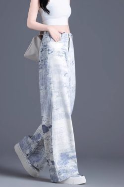Casual Blue Pockets Tie Dye High Waist Denim Pants Spring