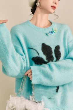 Casual Blue Print Patchwork Thick Cotton Knit Sweater Long Sleeve