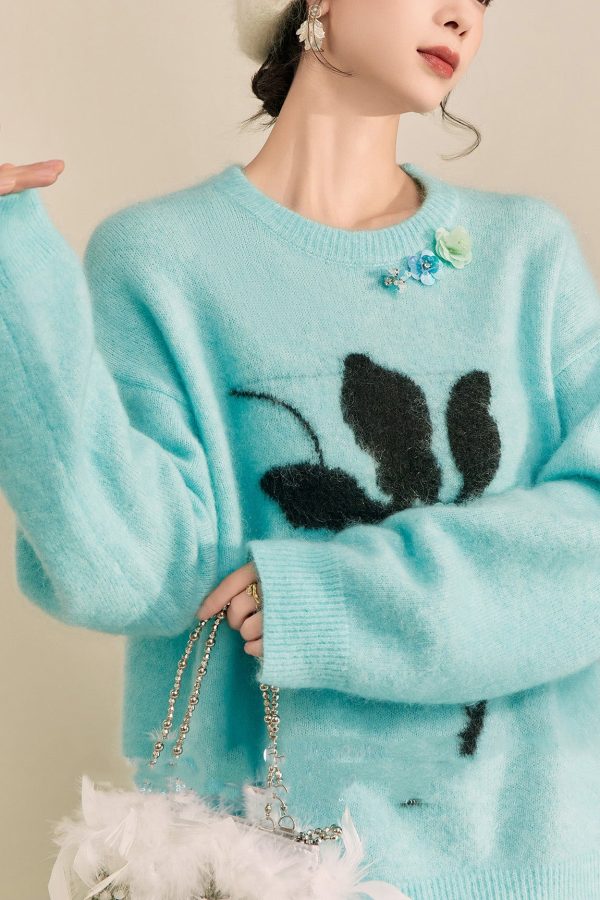 Casual Blue Print Patchwork Thick Cotton Knit Sweater Long Sleeve