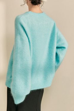Casual Blue Print Patchwork Thick Cotton Knit Sweater Long Sleeve