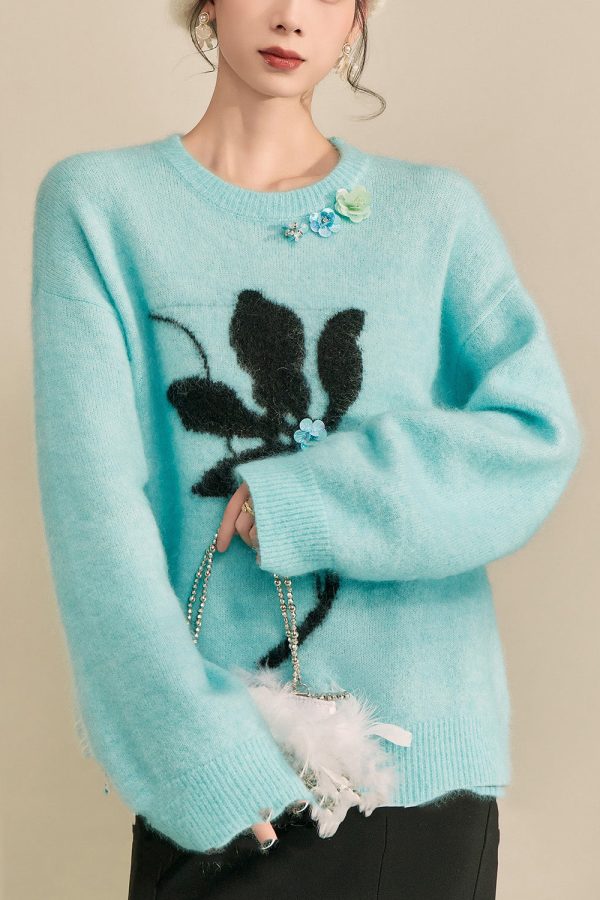 Casual Blue Print Patchwork Thick Cotton Knit Sweater Long Sleeve