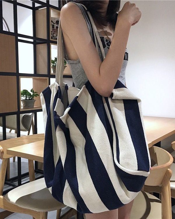 Casual Blue Striped High-capacity Cozy Canvas Satchel Handbag