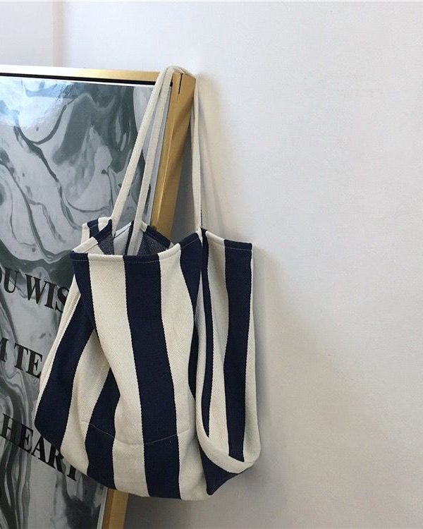 Casual Blue Striped High-capacity Cozy Canvas Satchel Handbag