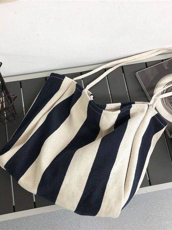 Casual Blue Striped High-capacity Cozy Canvas Satchel Handbag