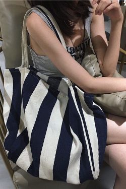 Casual Blue Striped High-capacity Cozy Canvas Satchel Handbag