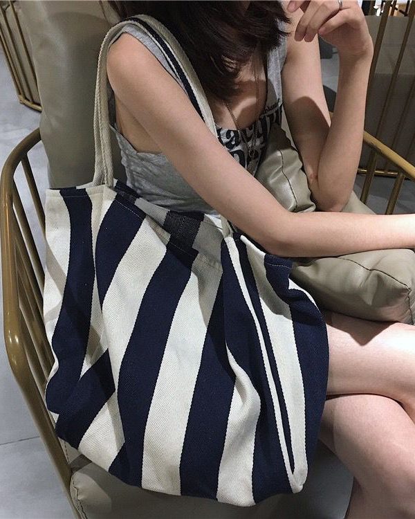 Casual Blue Striped High-capacity Cozy Canvas Satchel Handbag