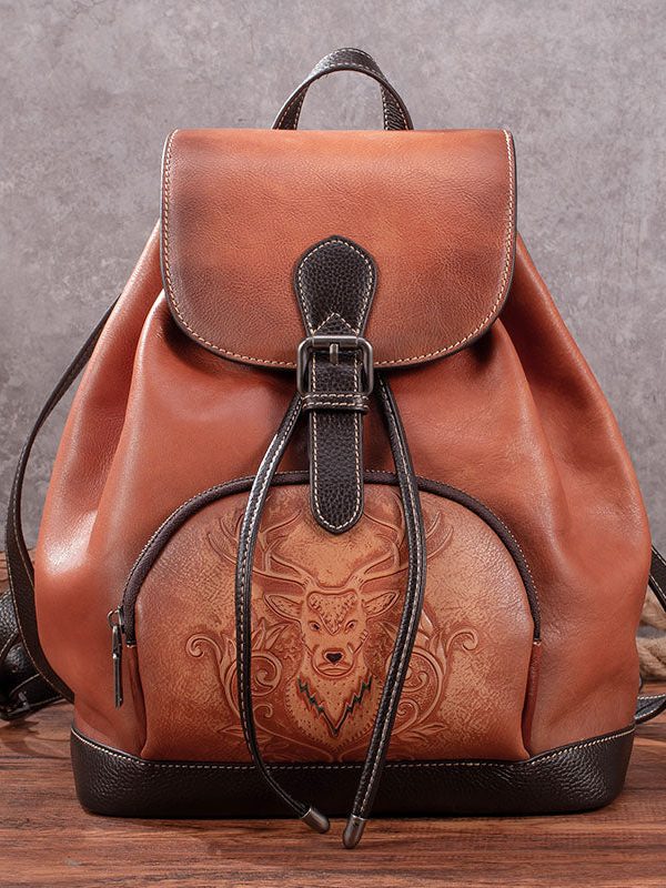 Casual Brown Animal Jacquard Calf Leather Backpack Bag