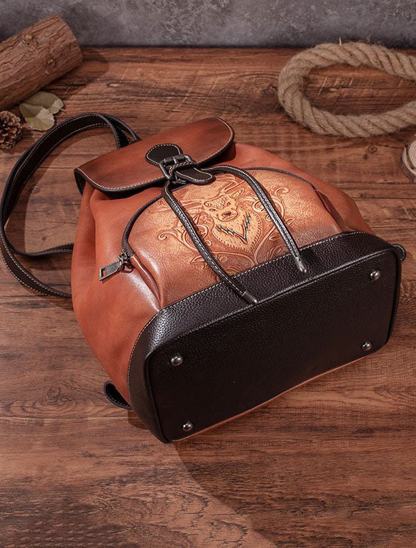 Casual Brown Animal Jacquard Calf Leather Backpack Bag