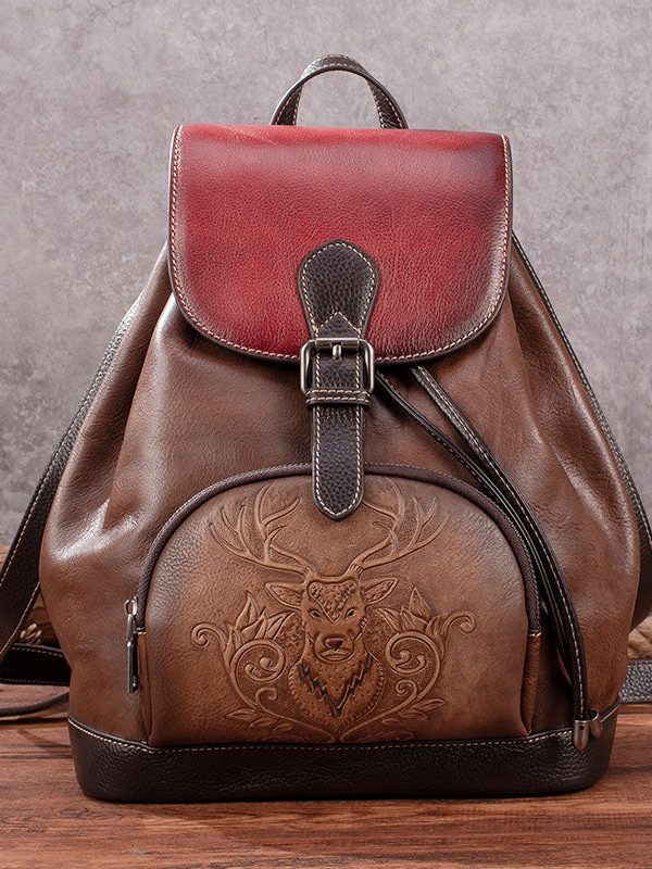 Casual Brown Animal Jacquard Calf Leather Backpack Bag