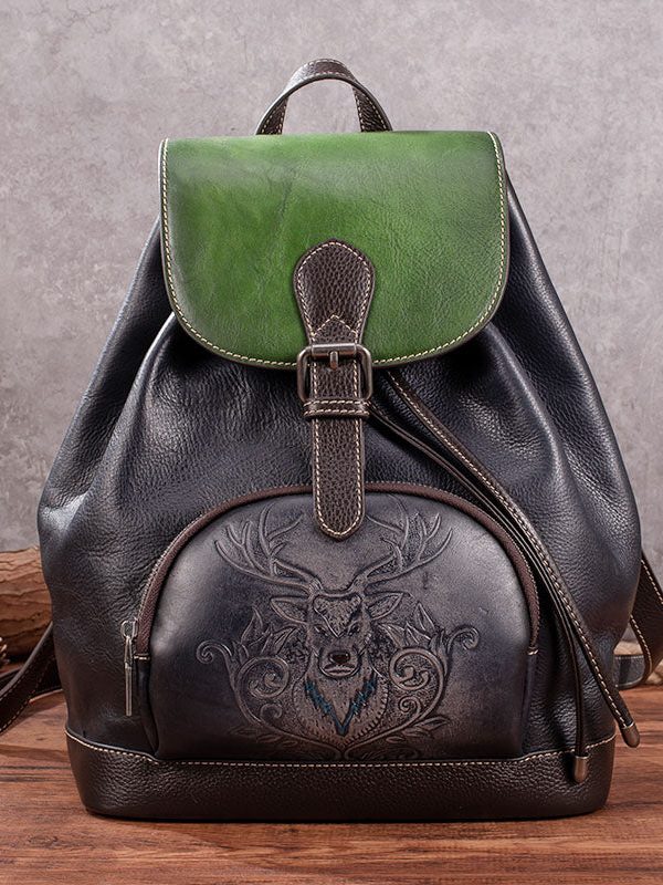 Casual Brown Animal Jacquard Calf Leather Backpack Bag