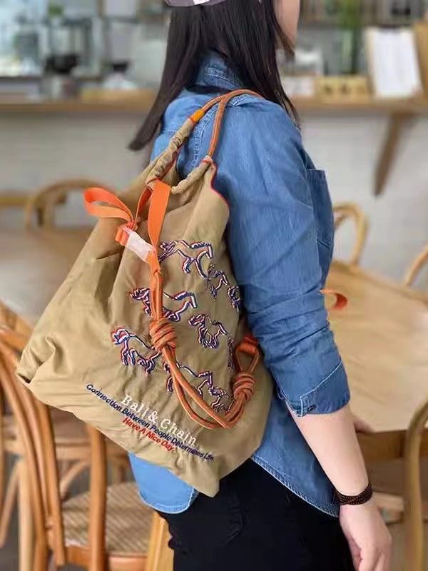 Casual Brown Embroidery Large Capacity Shopping Bag