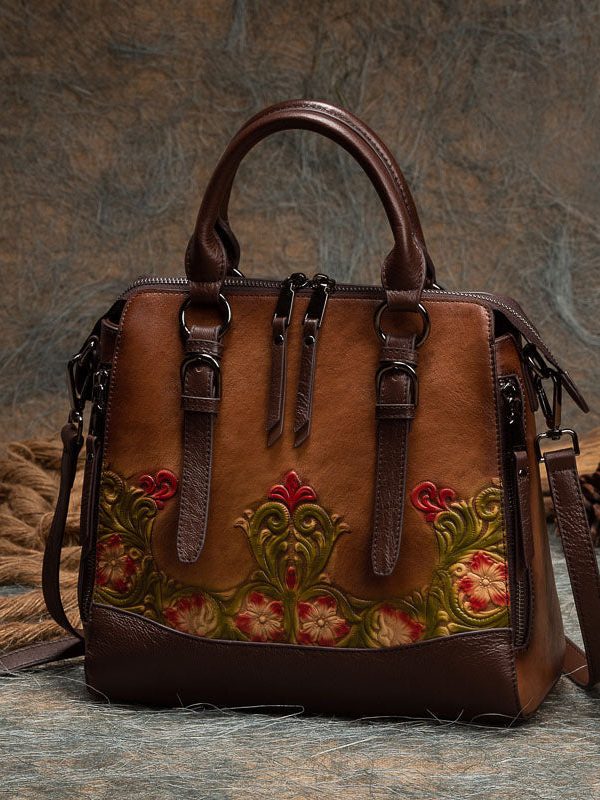 Casual Brown Jacquard Calf Leather Tote Handbag