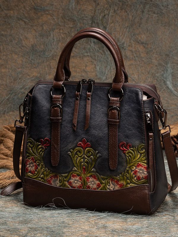 Casual Brown Jacquard Calf Leather Tote Handbag