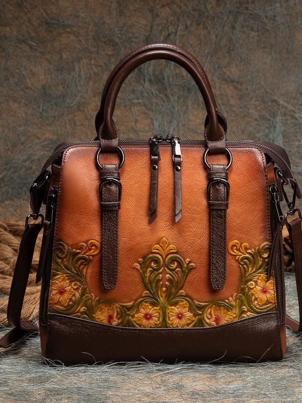 Casual Brown Jacquard Calf Leather Tote Handbag