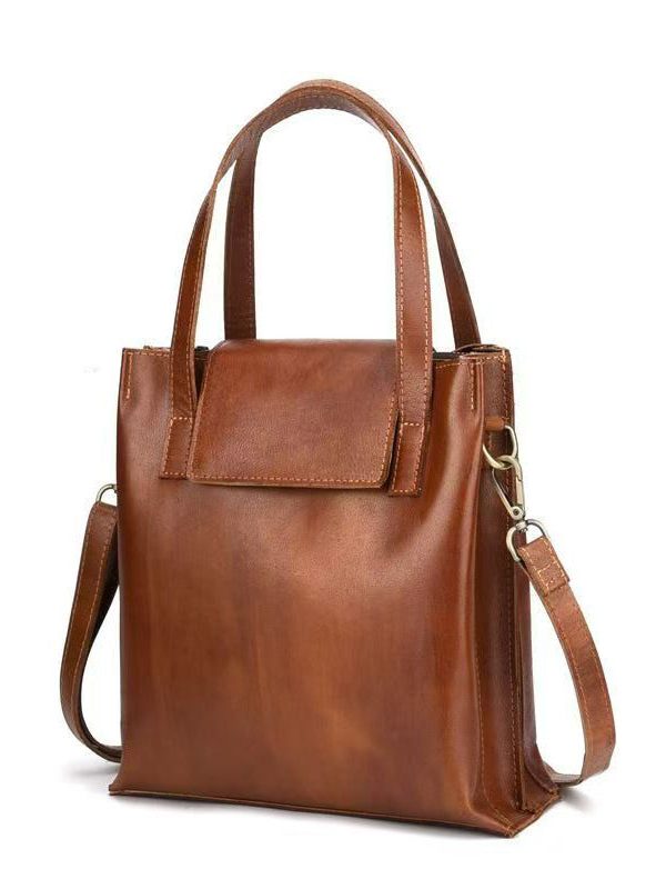 Casual Brown Large Capacity Calf Leather Satchel Handbag