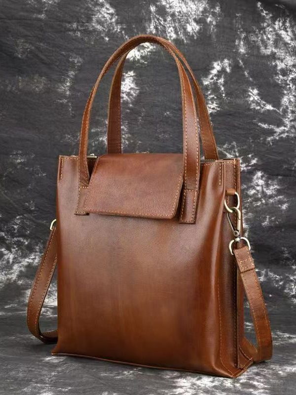 Casual Brown Large Capacity Calf Leather Satchel Handbag