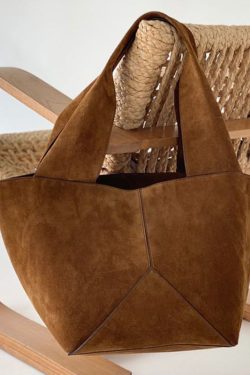 Casual Brown Large Capacity Patchwork Suede Satchel Handbag