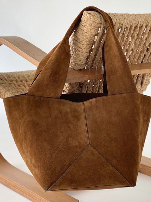 Casual Brown Large Capacity Patchwork Suede Satchel Handbag