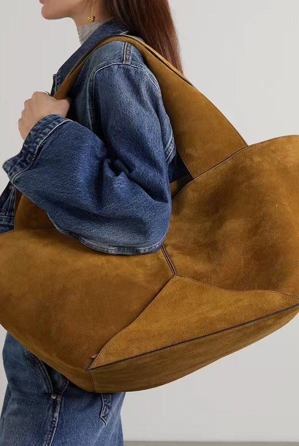 Casual Brown Large Capacity Patchwork Suede Satchel Handbag