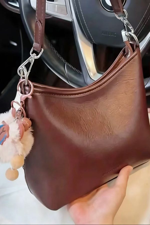 Casual Brown Letter Embossing Fuzzy Ball Decorated Faux Leather Micro Bag