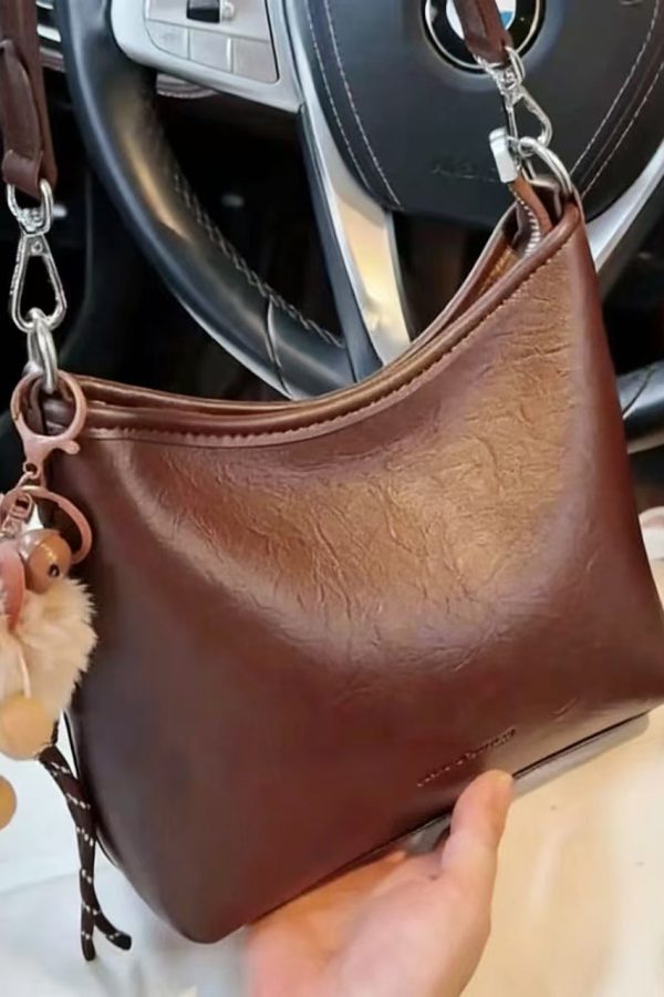 Casual Brown Letter Embossing Fuzzy Ball Decorated Faux Leather Micro Bag