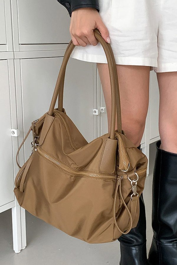 Casual Brown Solid Durable Nylon Shoulder Bags