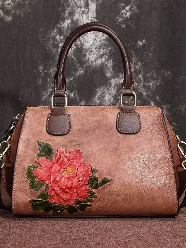 Casual Coffee Embossed Large Capacity Calf Leather Satchel Handbag