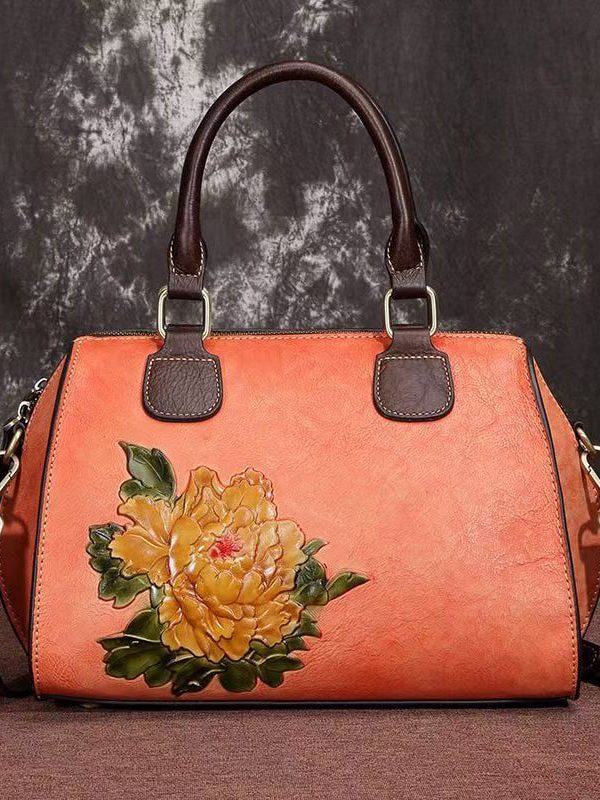 Casual Coffee Embossed Large Capacity Calf Leather Satchel Handbag