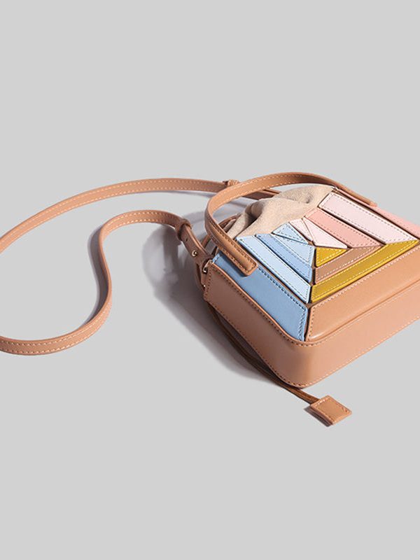 Casual Colorblock Striped Drawstring Faux Leather Versatile CrossBody Bag