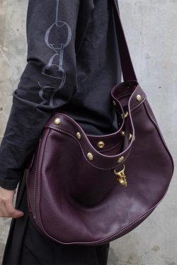 Casual Dull Purple Rivet Large Capacity Faux Leather Messenger Bag