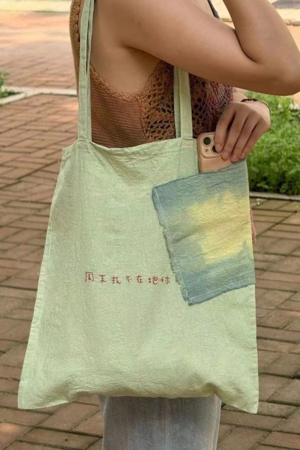 Casual Green Embroideried Canvas Satchel Handbag