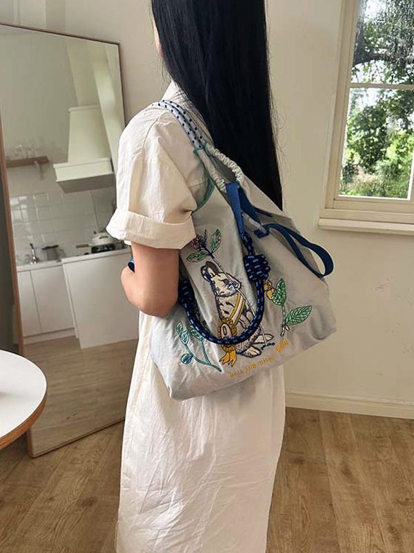 Casual Grey Embroidery Large Capacity Shopping Bag