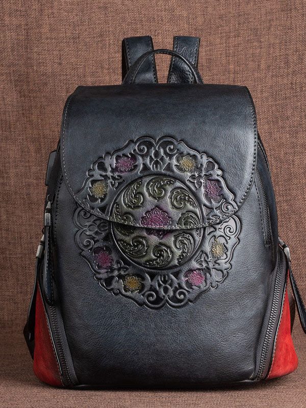 Casual Grey Jacquard Handmade Calf Leather Backpack Bag
