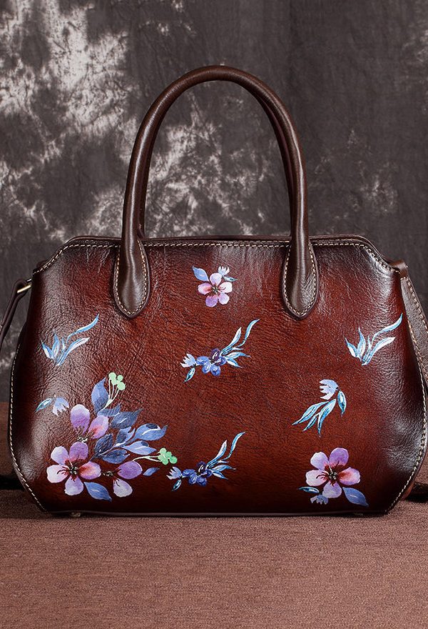 Casual Handmade Retro Coffee Floral Calf Leather Tote Handbag