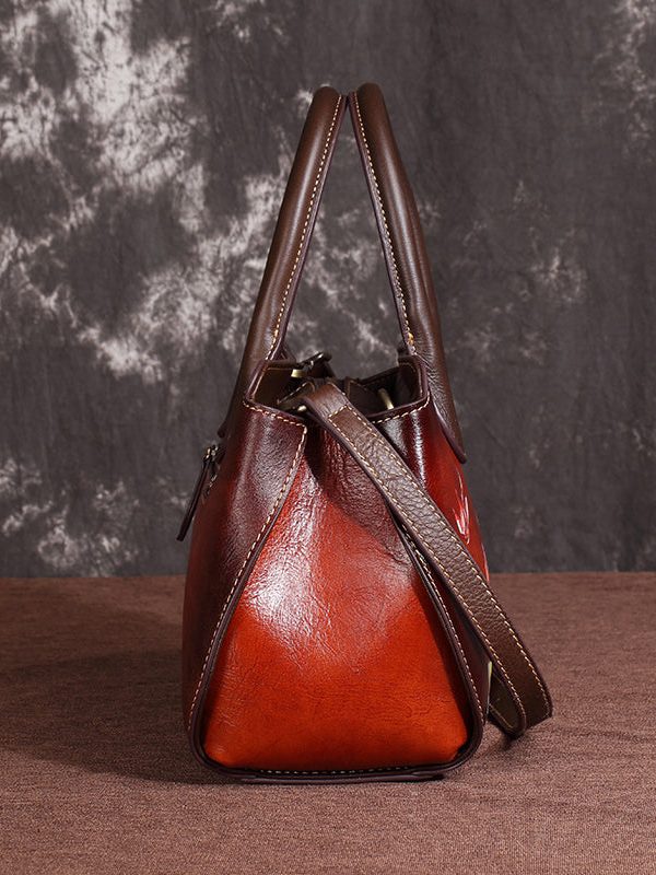 Casual Handmade Retro Coffee Floral Calf Leather Tote Handbag