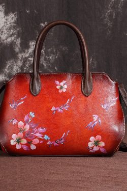 Casual Handmade Retro Coffee Floral Calf Leather Tote Handbag