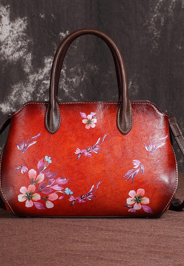 Casual Handmade Retro Coffee Floral Calf Leather Tote Handbag