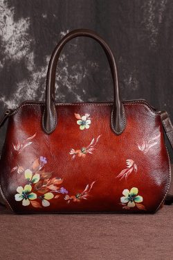 Casual Handmade Retro Coffee Floral Calf Leather Tote Handbag