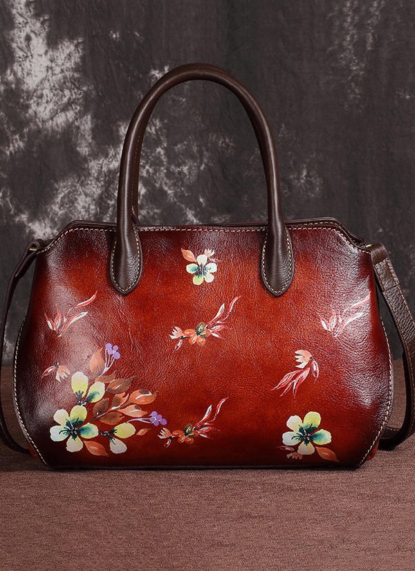 Casual Handmade Retro Coffee Floral Calf Leather Tote Handbag