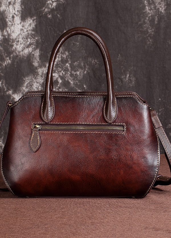 Casual Handmade Retro Coffee Floral Calf Leather Tote Handbag