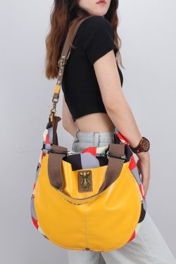 Casual High-Capacity Cowhide Patchwork Canvas Satchel Bag Handbag