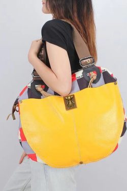 Casual High-Capacity Cowhide Patchwork Canvas Satchel Bag Handbag
