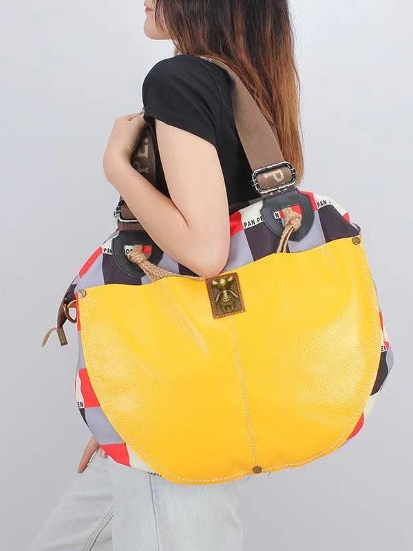 Casual High-Capacity Cowhide Patchwork Canvas Satchel Bag Handbag