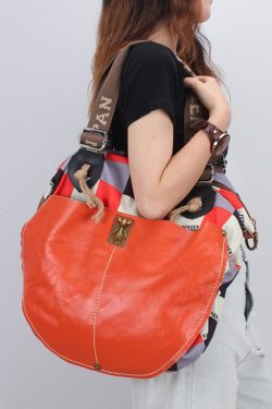Casual High-Capacity Cowhide Patchwork Canvas Satchel Bag Handbag