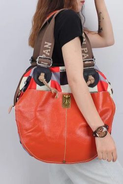 Casual High-Capacity Cowhide Patchwork Canvas Satchel Bag Handbag