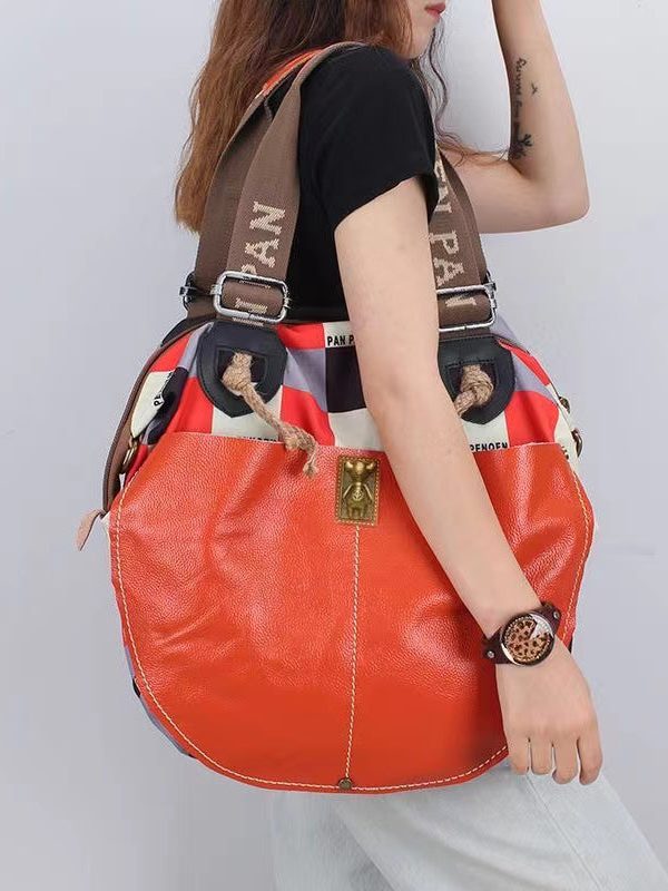 Casual High-Capacity Cowhide Patchwork Canvas Satchel Bag Handbag