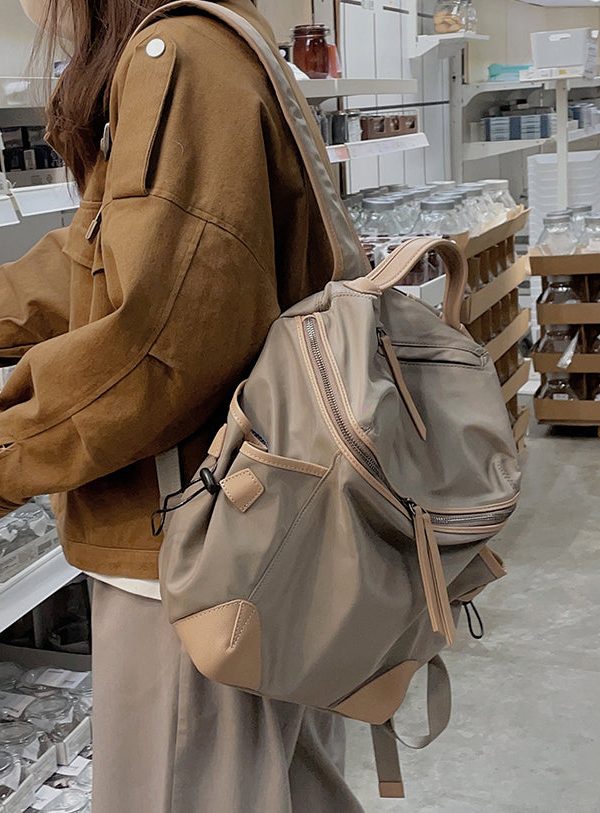 Casual Khaki Pockets Large Capacity Nylon Backpack Bag